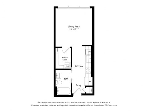 Floor plan for studio, 1 bath, 489 sqft